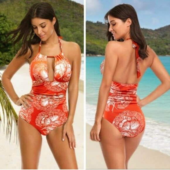 Eomenie Other - Eomenie Orange Floral Tummy Control Ruched Halter One Piece Swimsuit Plus 2XL